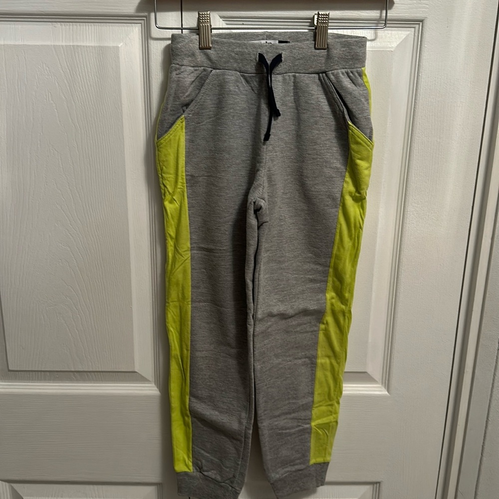 Like new gray /neon lime striped crop sweatpants size 8 black waist drawstring